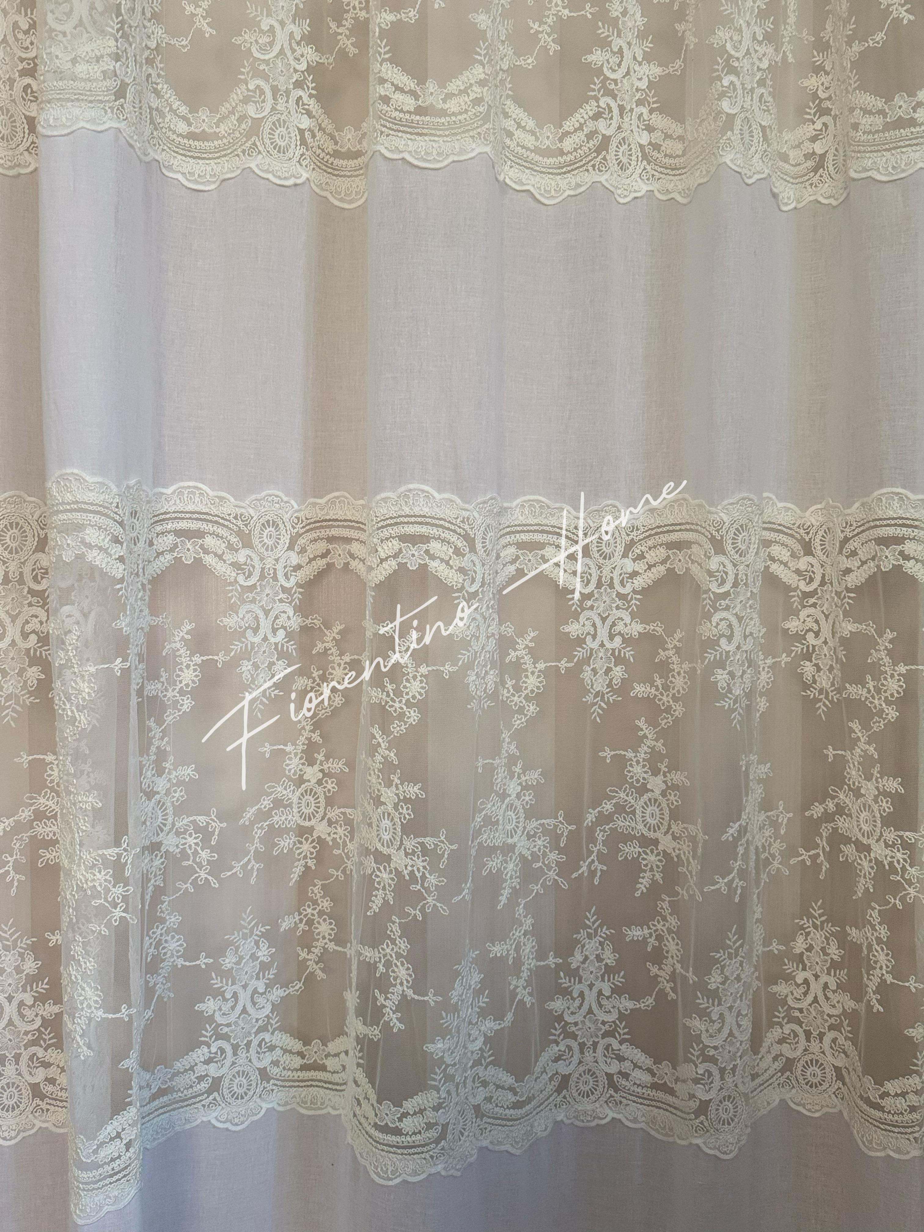 Tenda mod.Rococo orizzontale in pizzo e cotone bianco naturale - 220x300 cm - Charme Home Textile